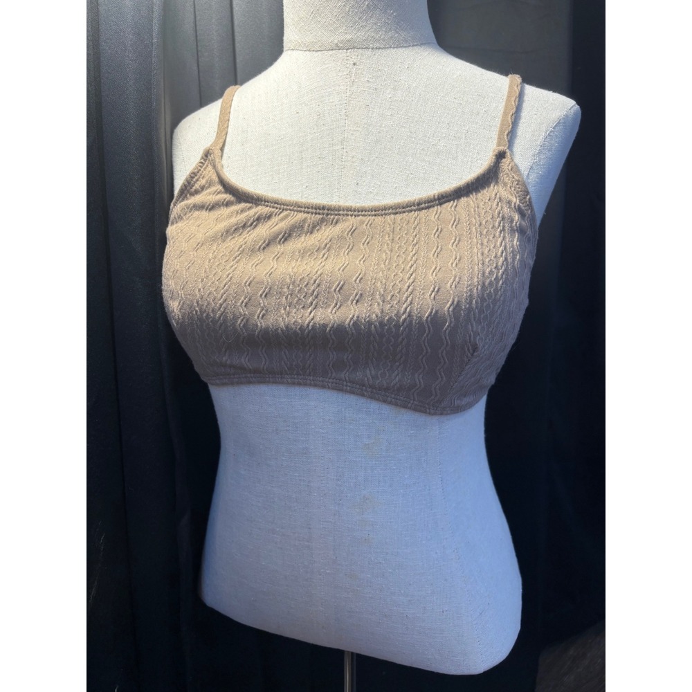 Tan Cable Knit Textured Scoop Neck Bikini Top with Adjustable Straps